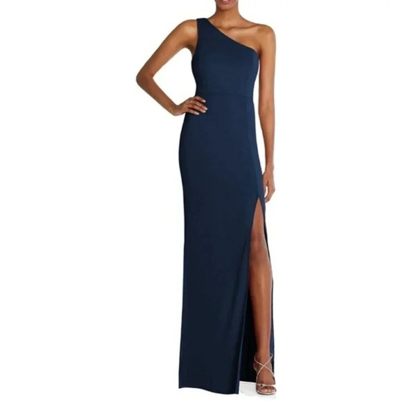 Dessy Thread One-Shoulder Chiffon Trumpet Bridesmaid Gown Navy size 12 NWT - Picture 10 of 10